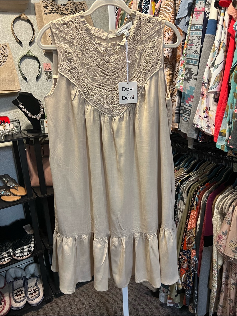 Davi & Dani Lace Crochet Yoke Dress in Beige